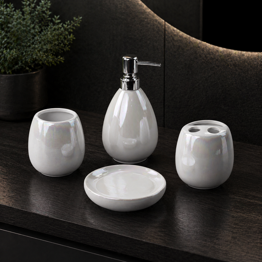 Pearl White Ceramic Bath Accessories Set with Gloss Finish - 4 Pieces