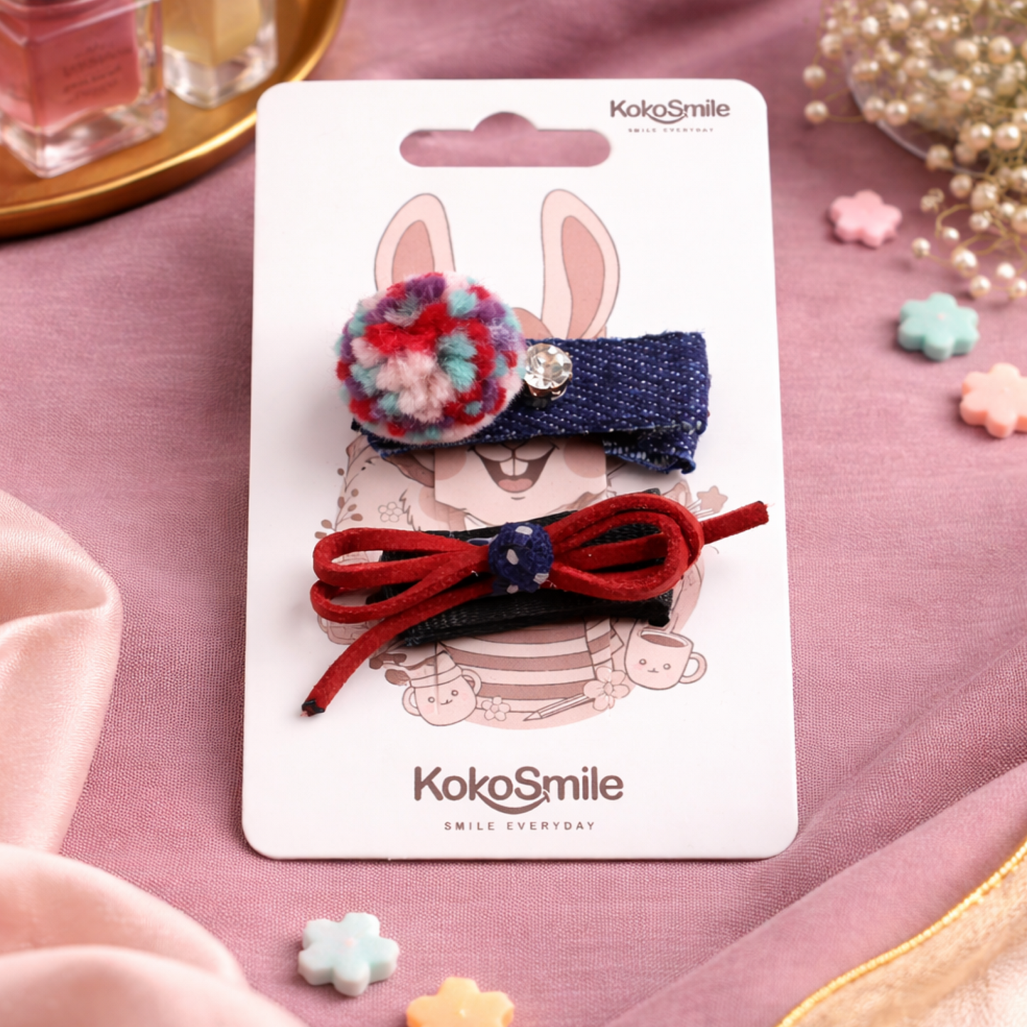 Handcrafted Pom-Pom & Bow Snap Hair Clips Set for Girls (Set of 2)