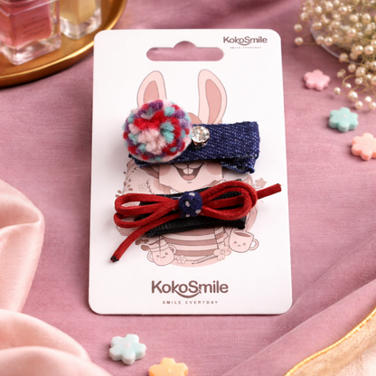 Handcrafted Pom-Pom & Bow Snap Hair Clips Set for Girls (Set of 2)