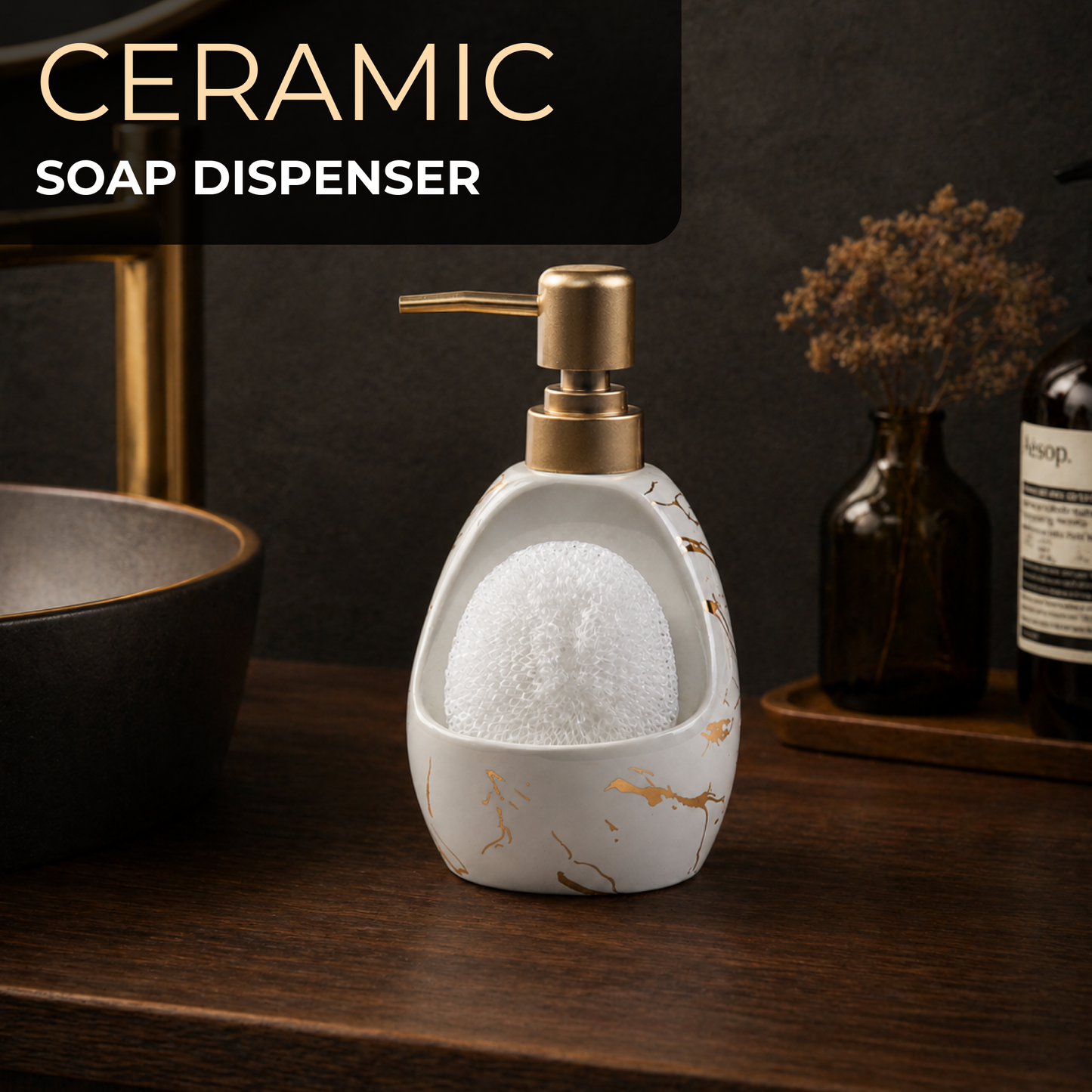 Ceramic Marble Soap Dispenser with Sponge Holder for Bathroom