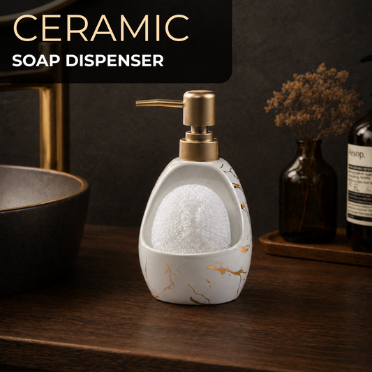 Ceramic Marble Soap Dispenser with Sponge Holder for Bathroom