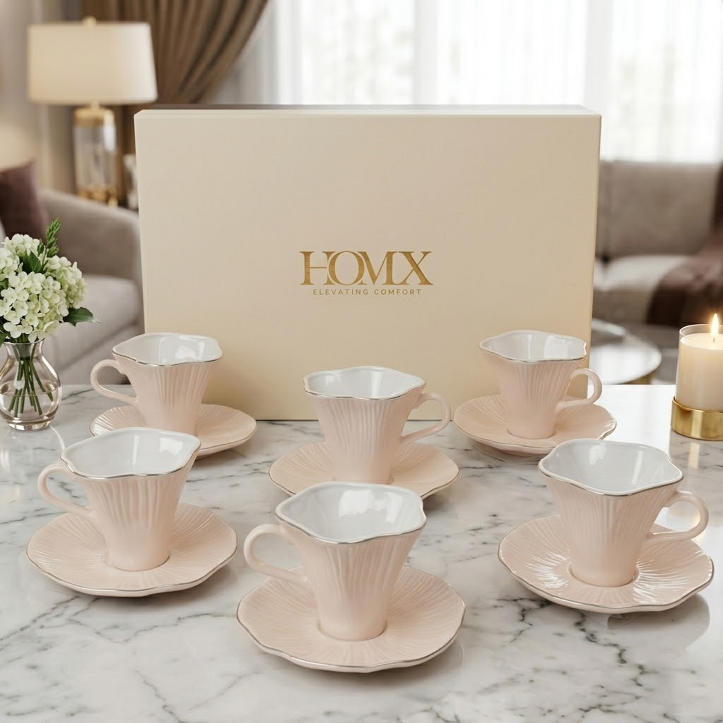 Luxury Ivory Gold Rim Ceramic Mug & Saucer Set of 6
