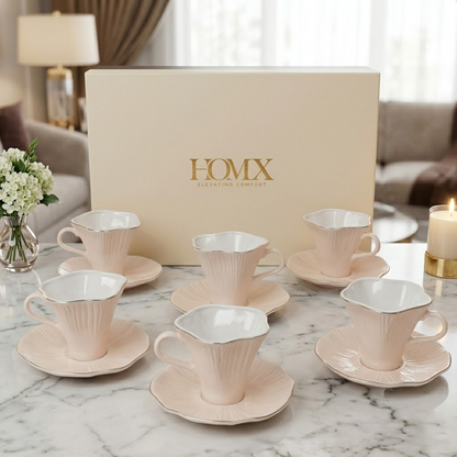 Luxury Ivory Gold Rim Ceramic Mug & Saucer Set of 6