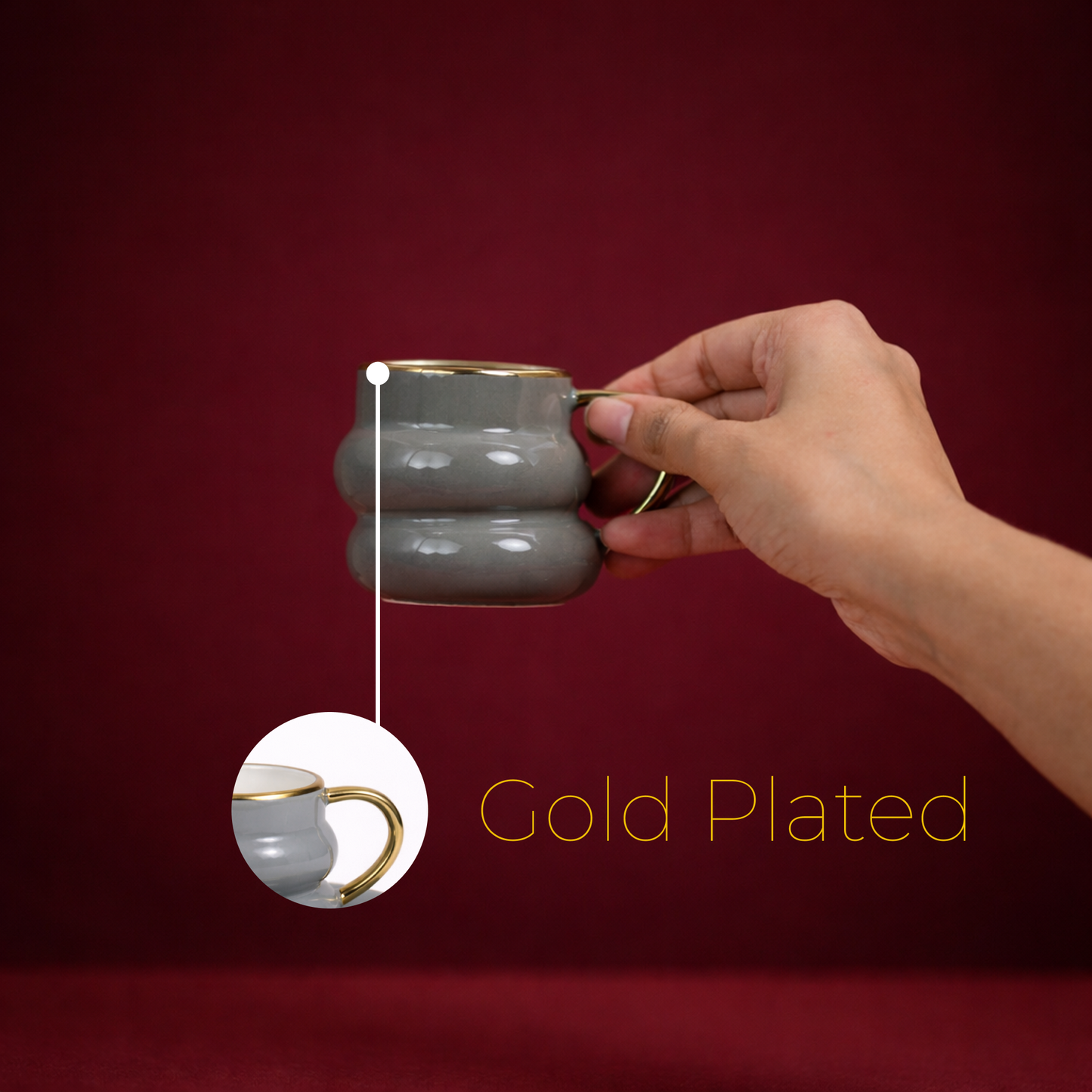 Luxury Smoky Grey Gold Rim Ceramic Mug & Saucer - Set of 6