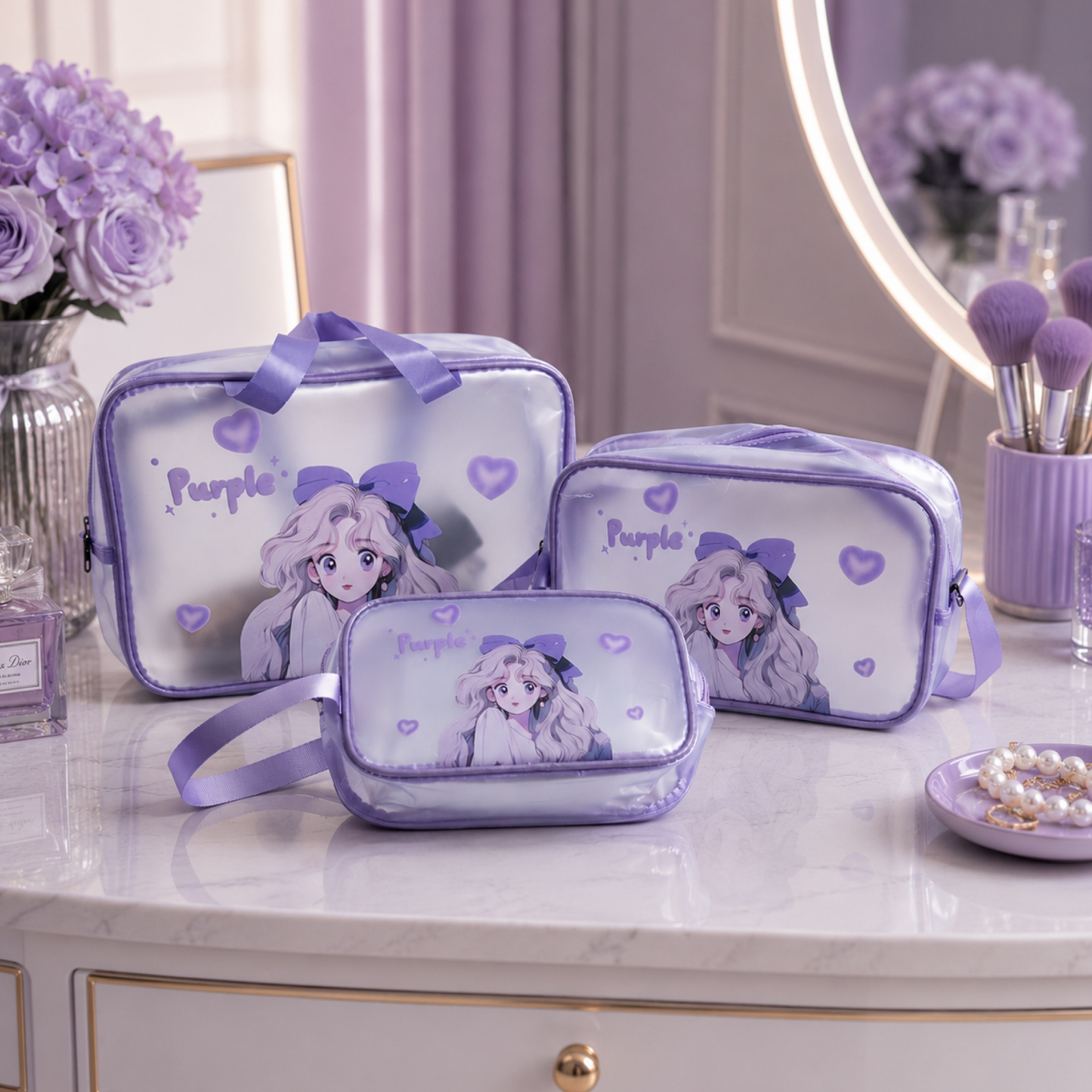 KokoSmile Clear Cosmetic Travel Organizer Bags – Waterproof Set of 3