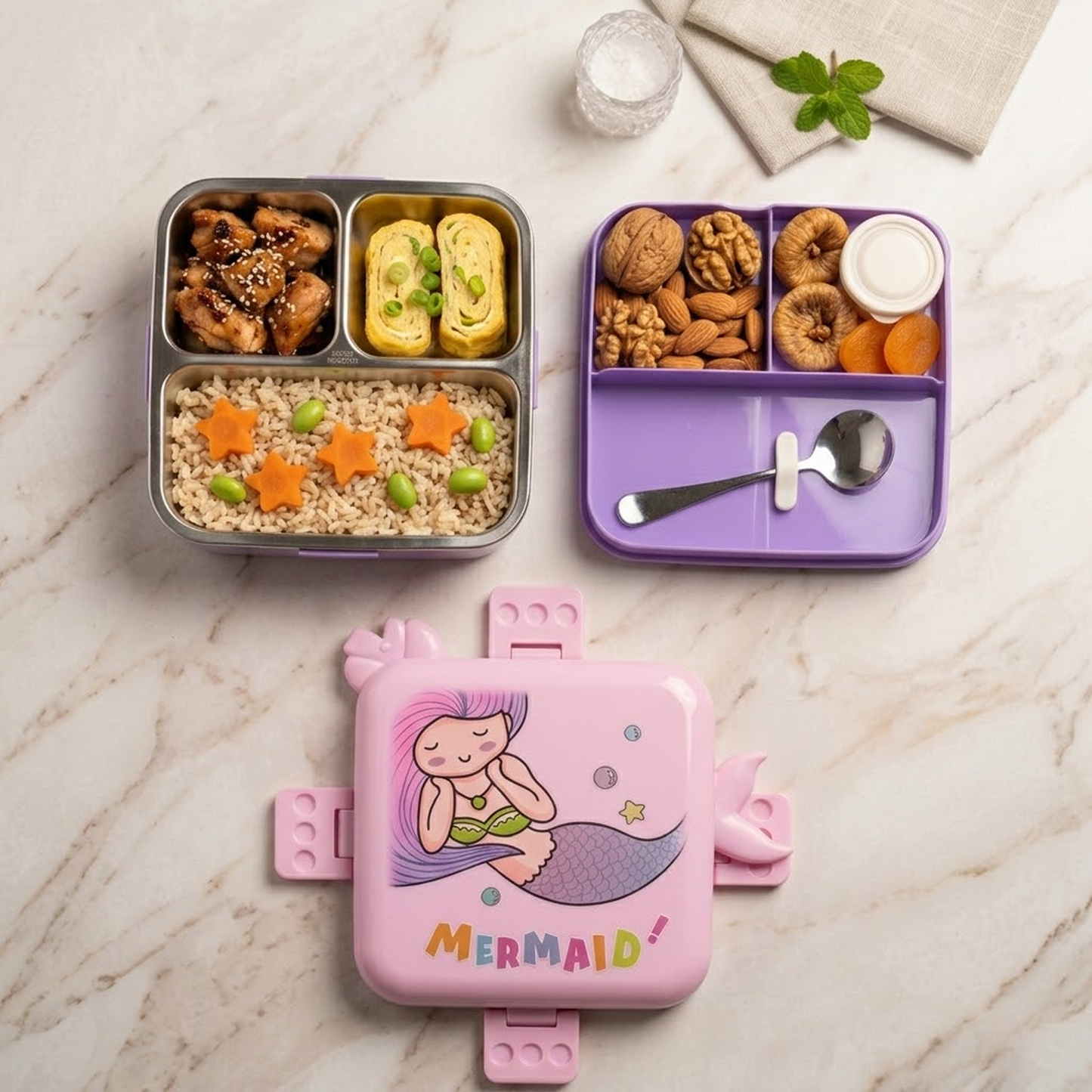Mermaid Kids Lunch Box with 3 Compartments for Kids - 1590ml