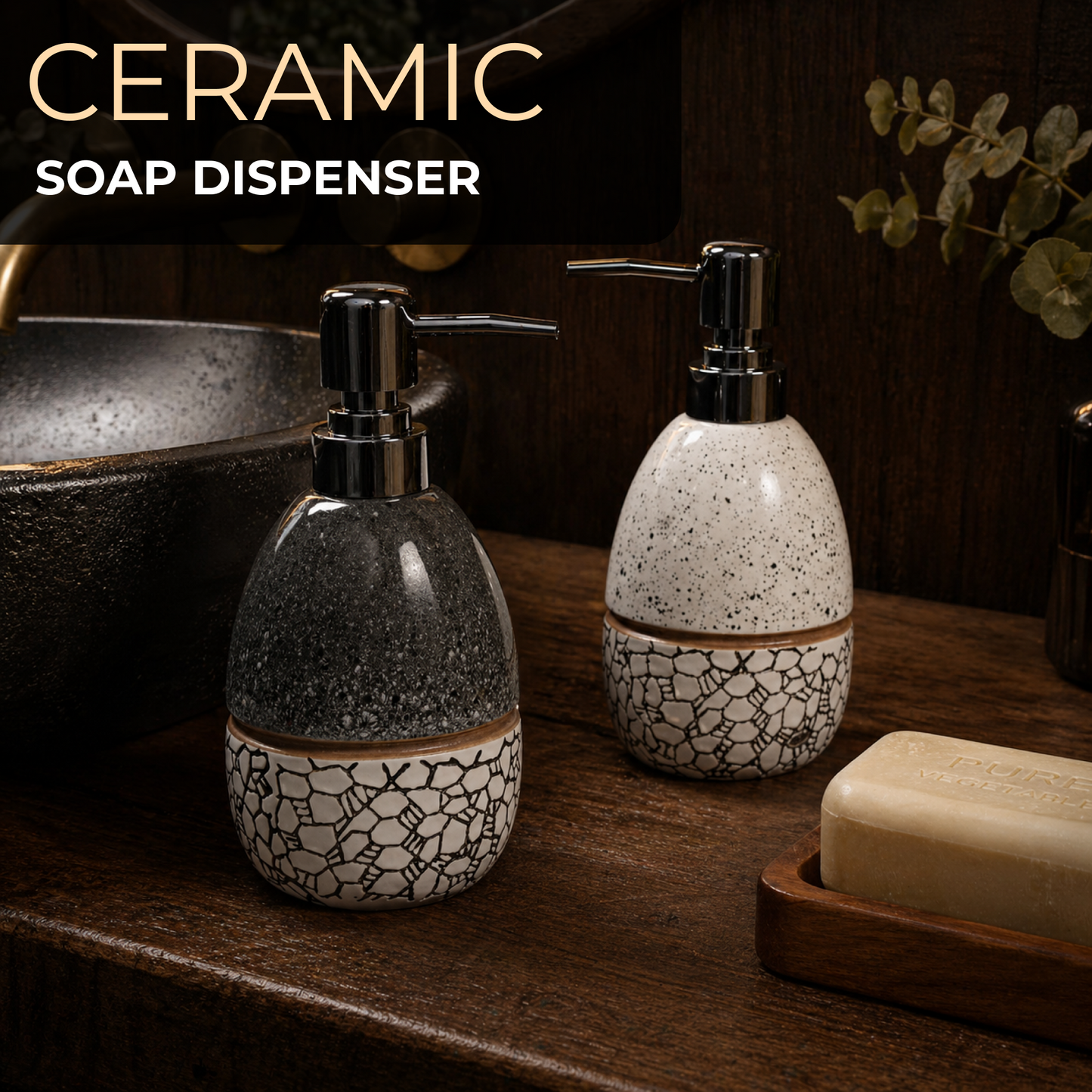 Glossy Ceramic Soap Dispenser with Abstract Print - 320ml