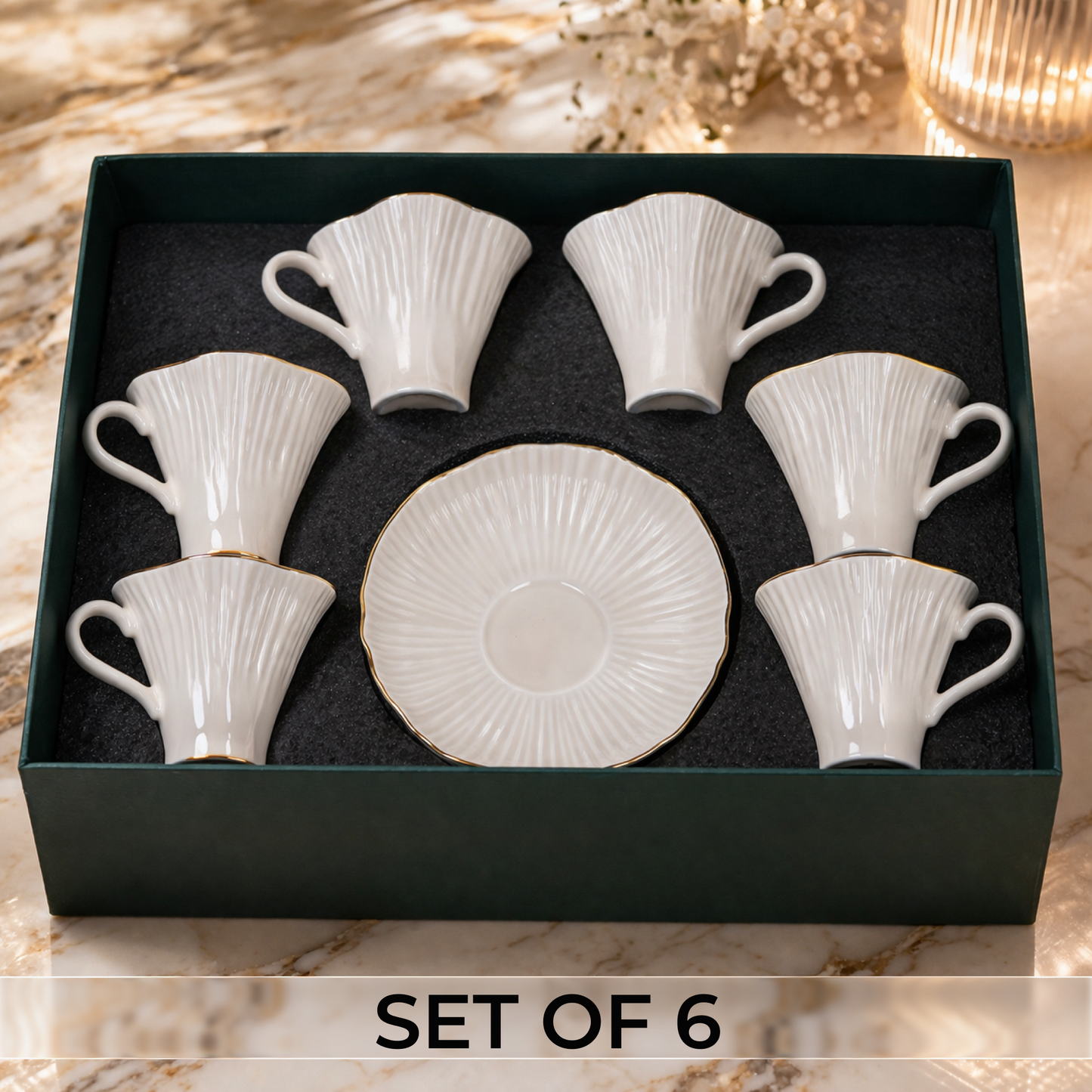 Luxury Ivory Gold Rim Ceramic Mug & Saucer Set of 6