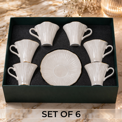 Luxury Ivory Gold Rim Ceramic Mug & Saucer Set of 6