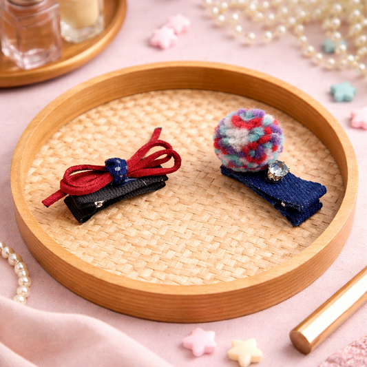 Handcrafted Pom-Pom & Bow Snap Hair Clips Set for Girls (Set of 2)