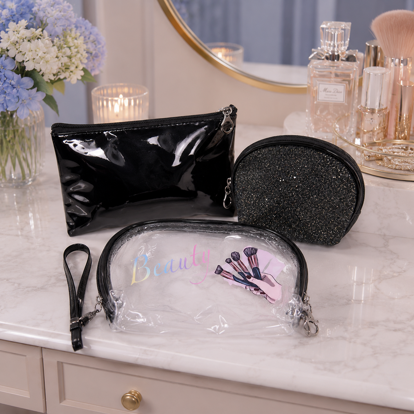 KokoSmile Glam Makeup Pouch Set – Transparent Travel Bags Set of 3