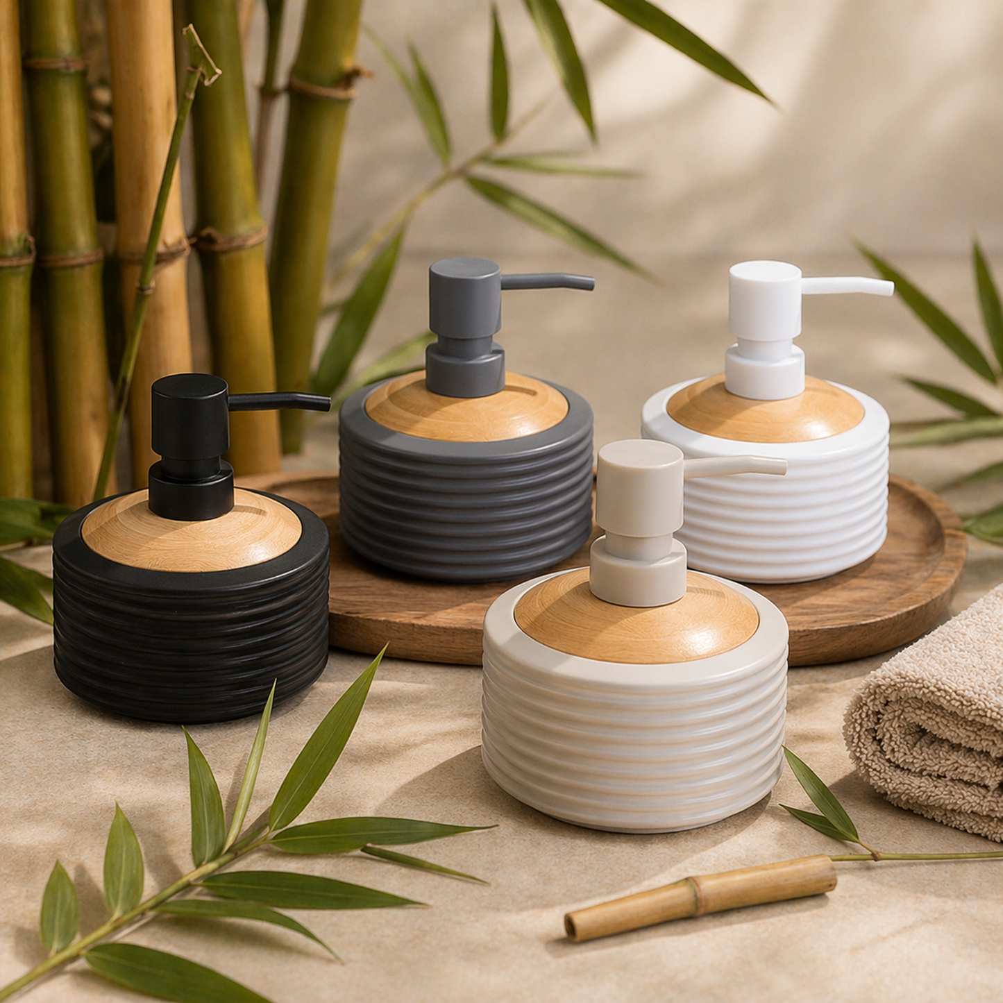 Acrylic Matte Ribbed Soap Dispenser with Wooden Top 390ml