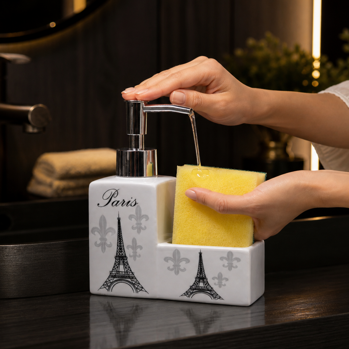 Ceramic Eiffel Tower Soap Dispenser with Sponge Holder