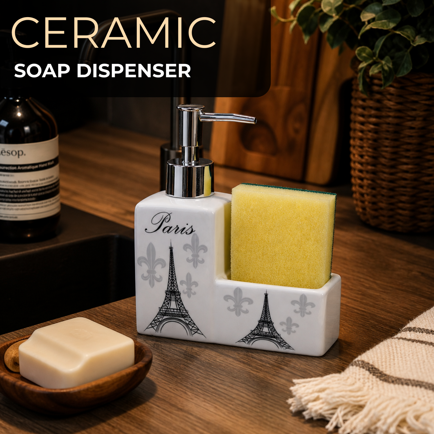 Ceramic Eiffel Tower Soap Dispenser with Sponge Holder