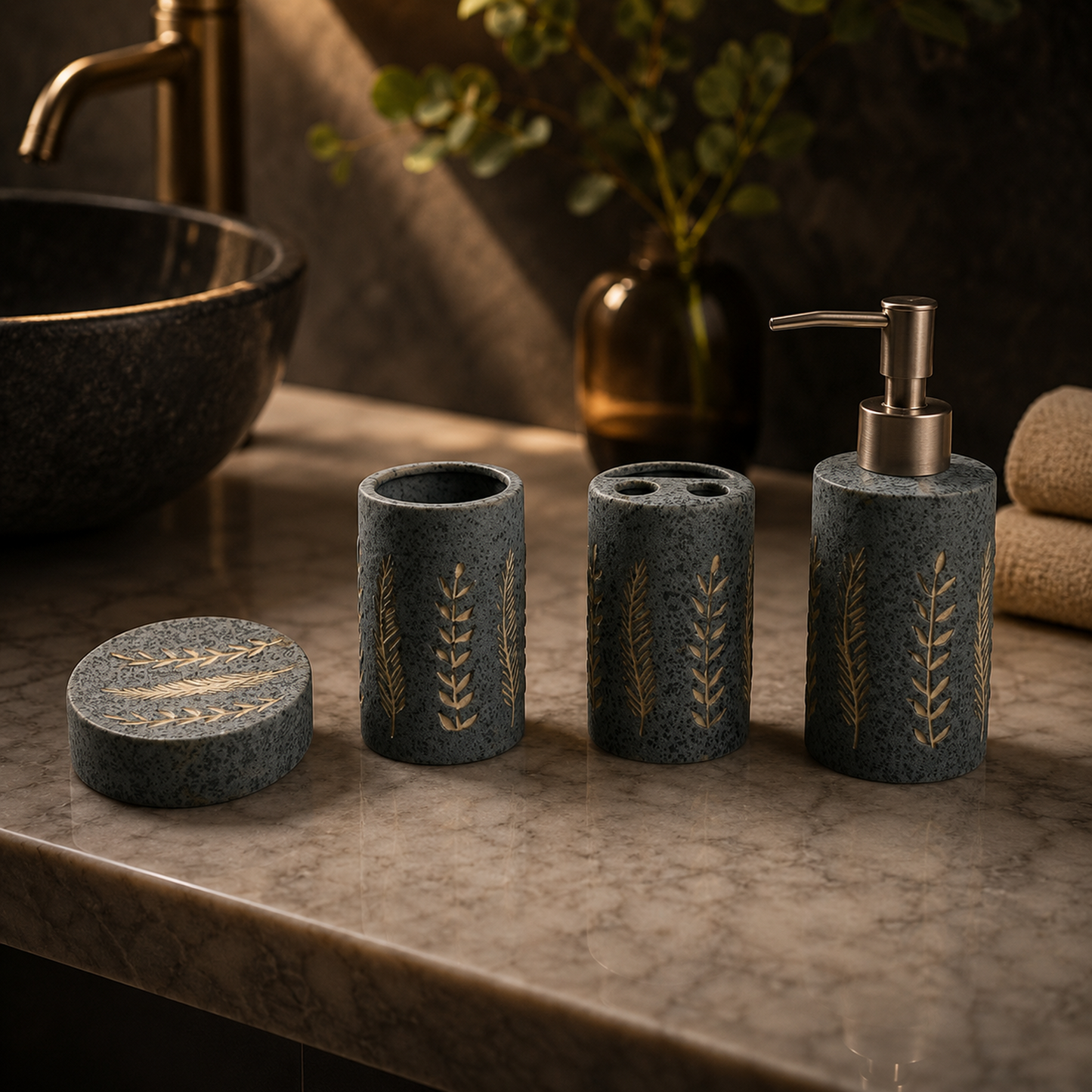 Nature-Inspired Ceramic Bathroom Accessories Set with Leaf Design (4Pcs)
