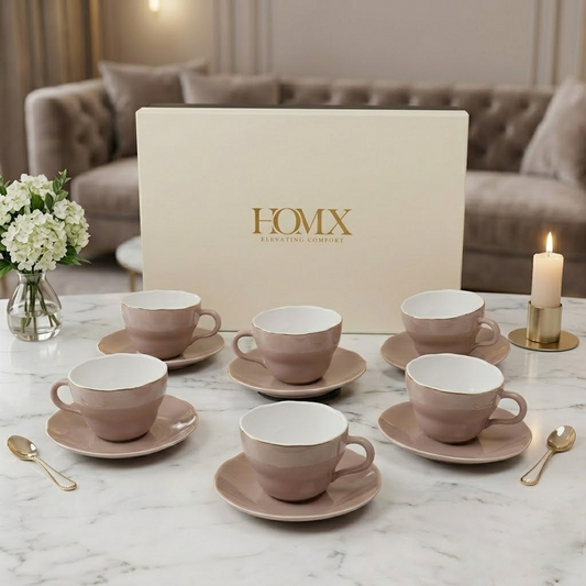Blush Pink Gold-Rim Ceramic Tea Cup & Saucer Set for 6