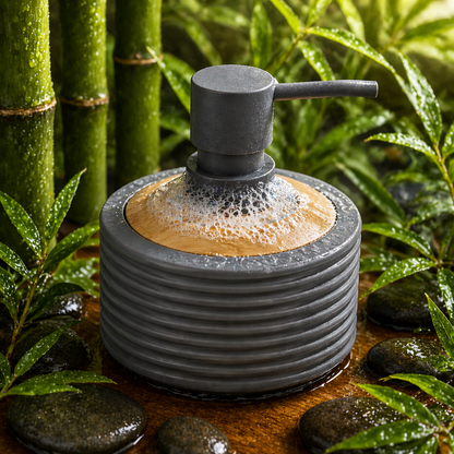 Acrylic Matte Ribbed Soap Dispenser with Wooden Top 390ml