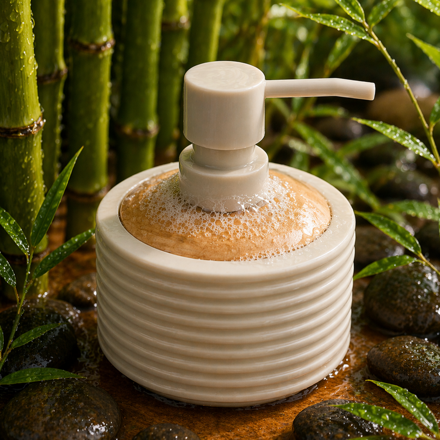 Acrylic Matte Ribbed Soap Dispenser with Wooden Top 390ml