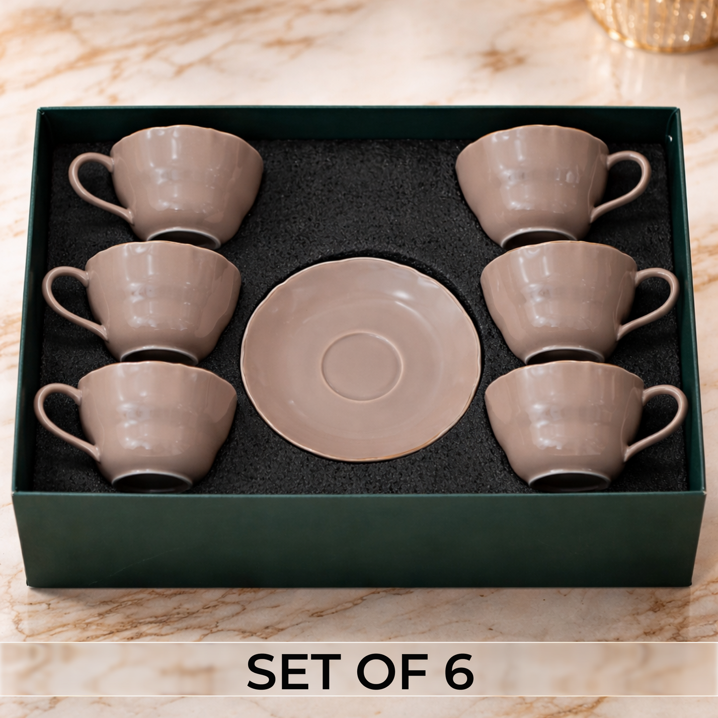 Blush Pink Gold-Rim Ceramic Tea Cup & Saucer Set for 6