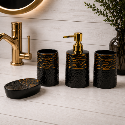 Textured Black & Gold Bathroom Accessories Set for Elegant Spaces (4Pcs)