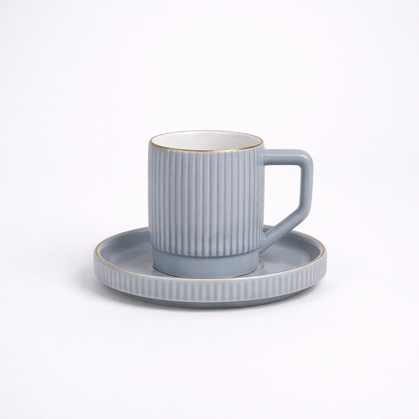 Premium Grey-Gold Rim Ribbed Ceramic Mug & Saucer - Set of 6