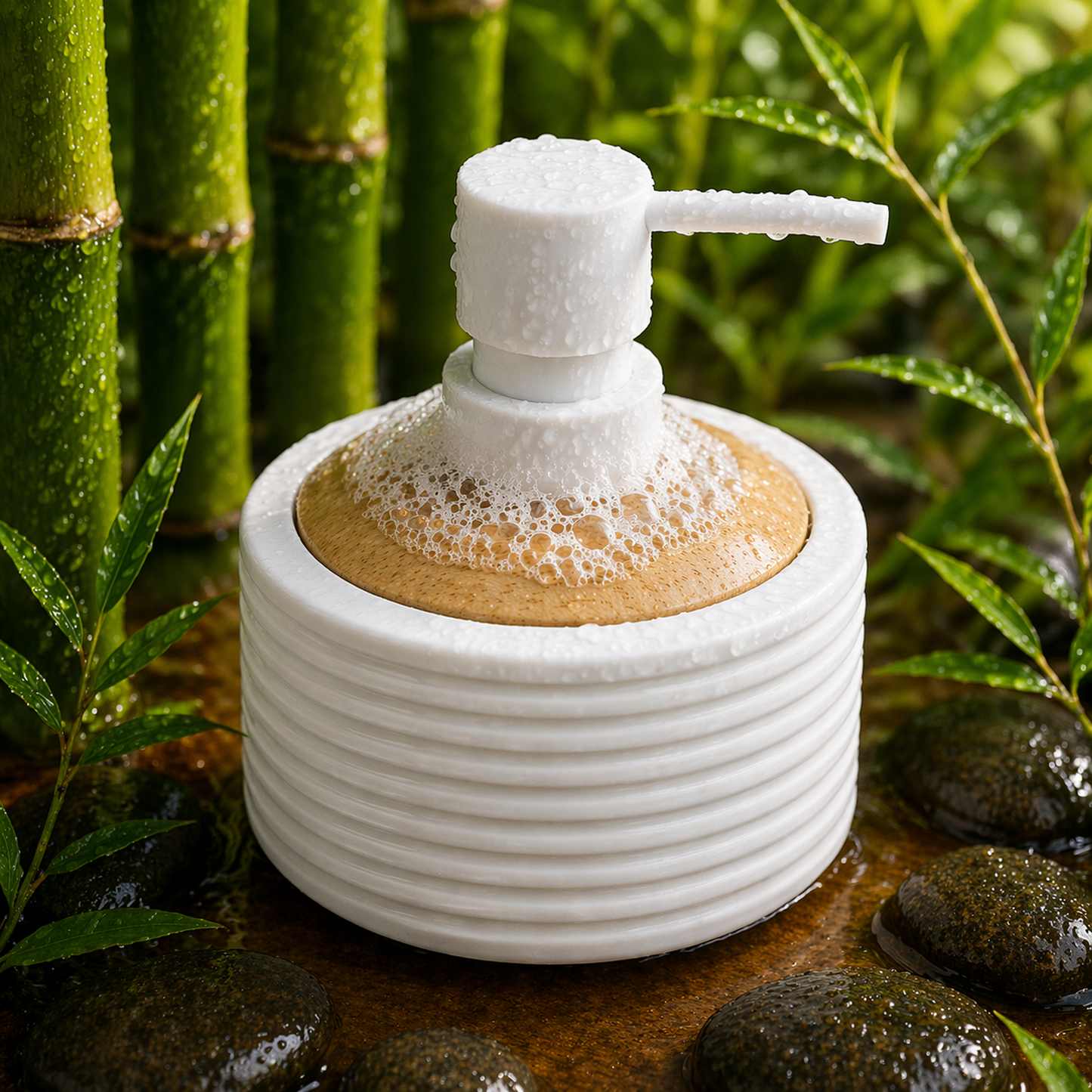 Acrylic Matte Ribbed Soap Dispenser with Wooden Top 390ml