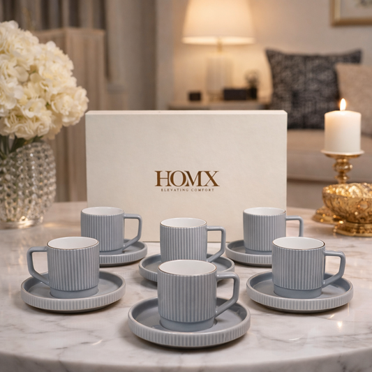 Premium Grey-Gold Rim Ribbed Ceramic Mug & Saucer - Set of 6