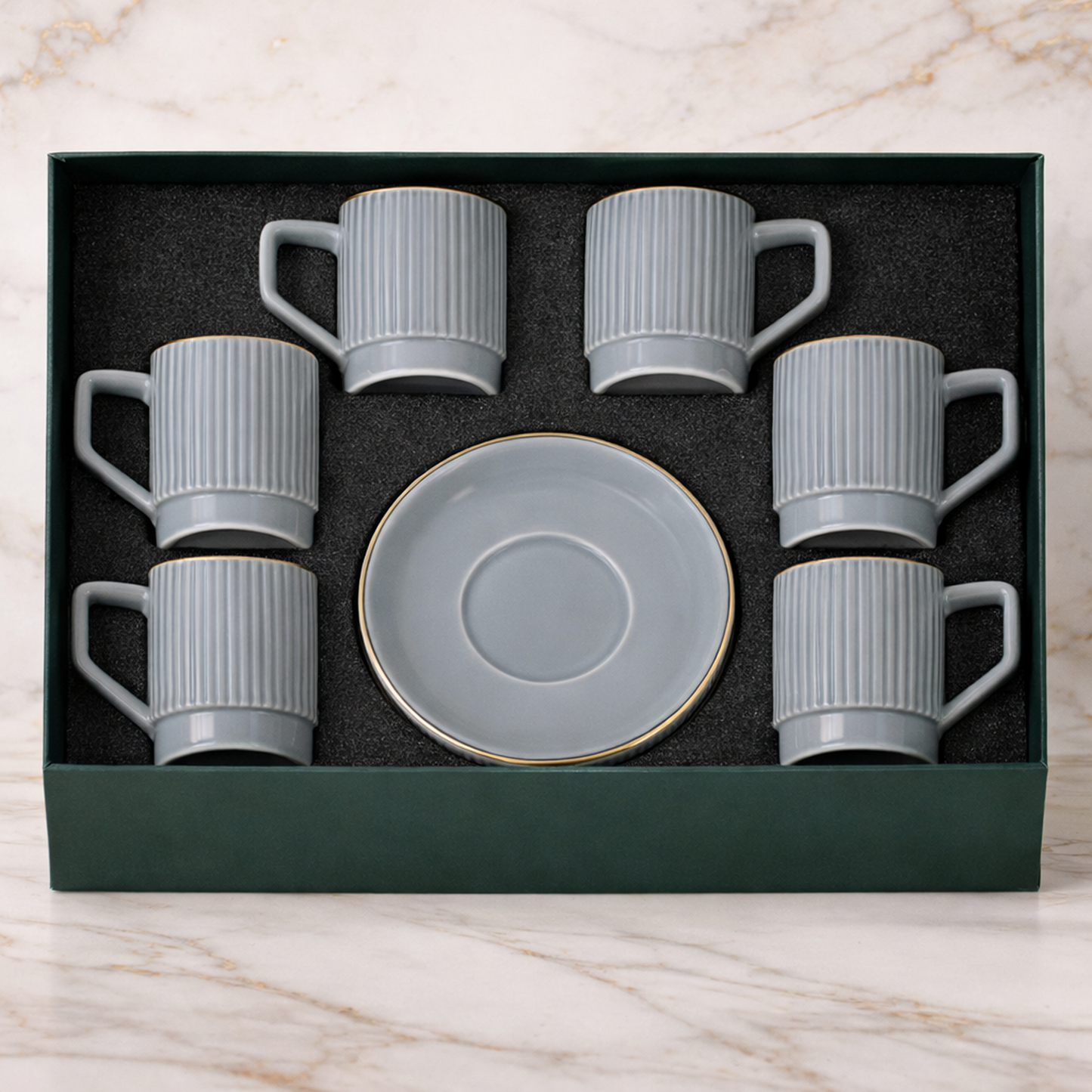 Premium Grey-Gold Rim Ribbed Ceramic Mug & Saucer - Set of 6
