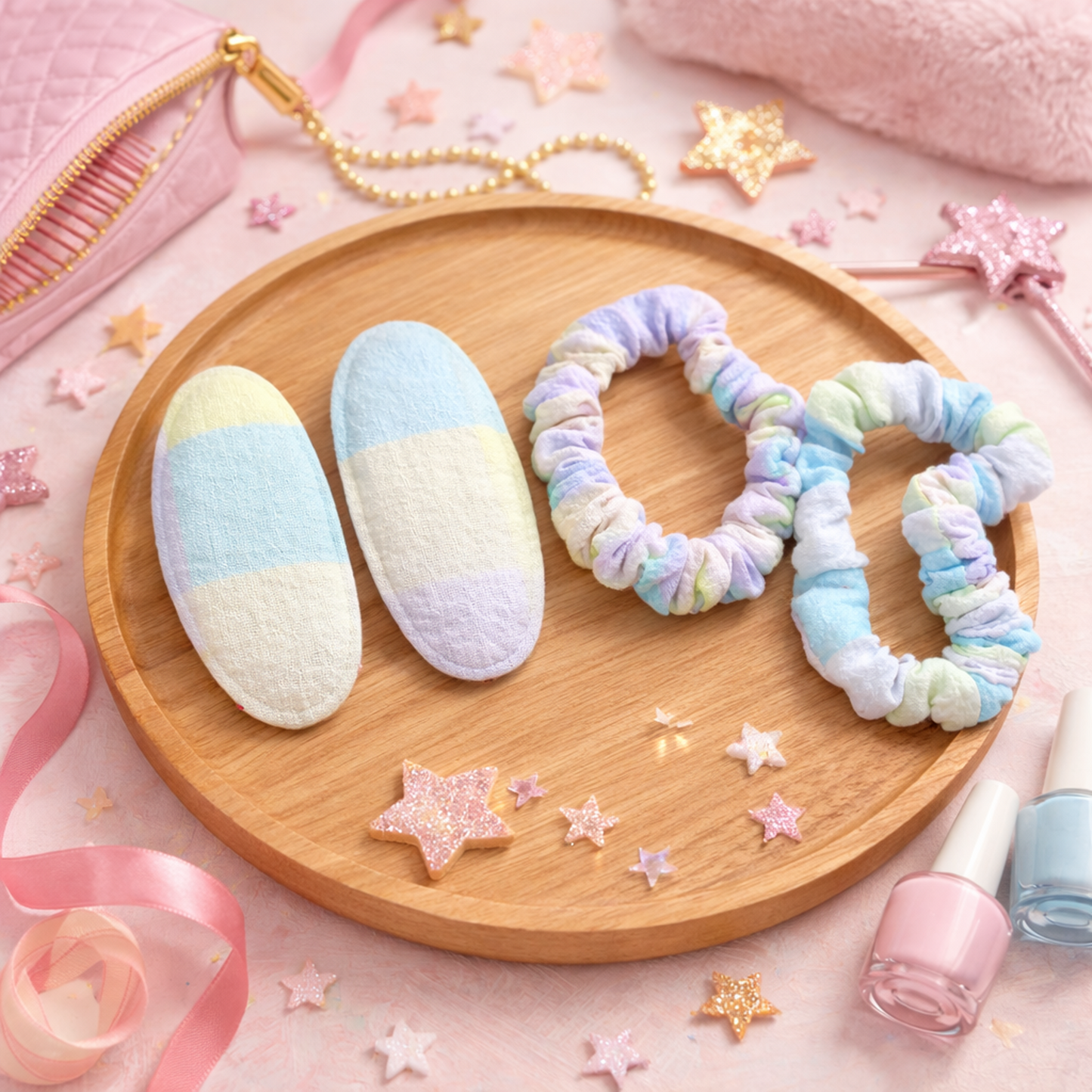 Pastel Snap Hair Clips & Soft Scrunchies Set (4 Pcs)