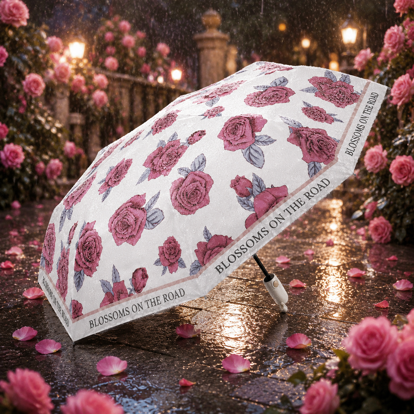 Rose Print UV Protection Folding Umbrella with Lotus Grip