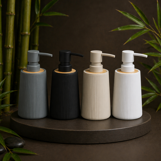 ABS Ribbed Soap Dispenser with Wooden Base 350ml