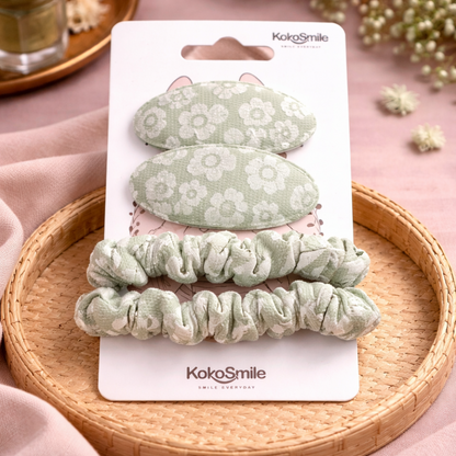 Floral Fabric Snap Clips & Soft Scrunchies Hair Accessory (Set of 4)
