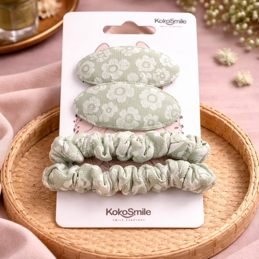 Floral Fabric Snap Clips & Soft Scrunchies Hair Accessory (Set of 4)