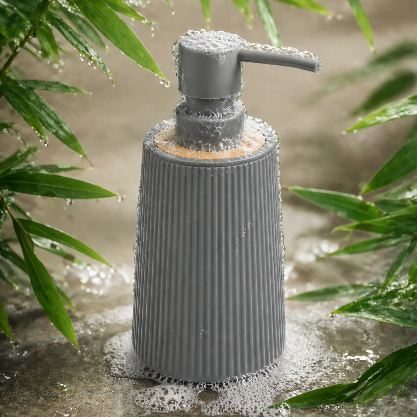 ABS Ribbed Soap Dispenser with Wooden Base 350ml