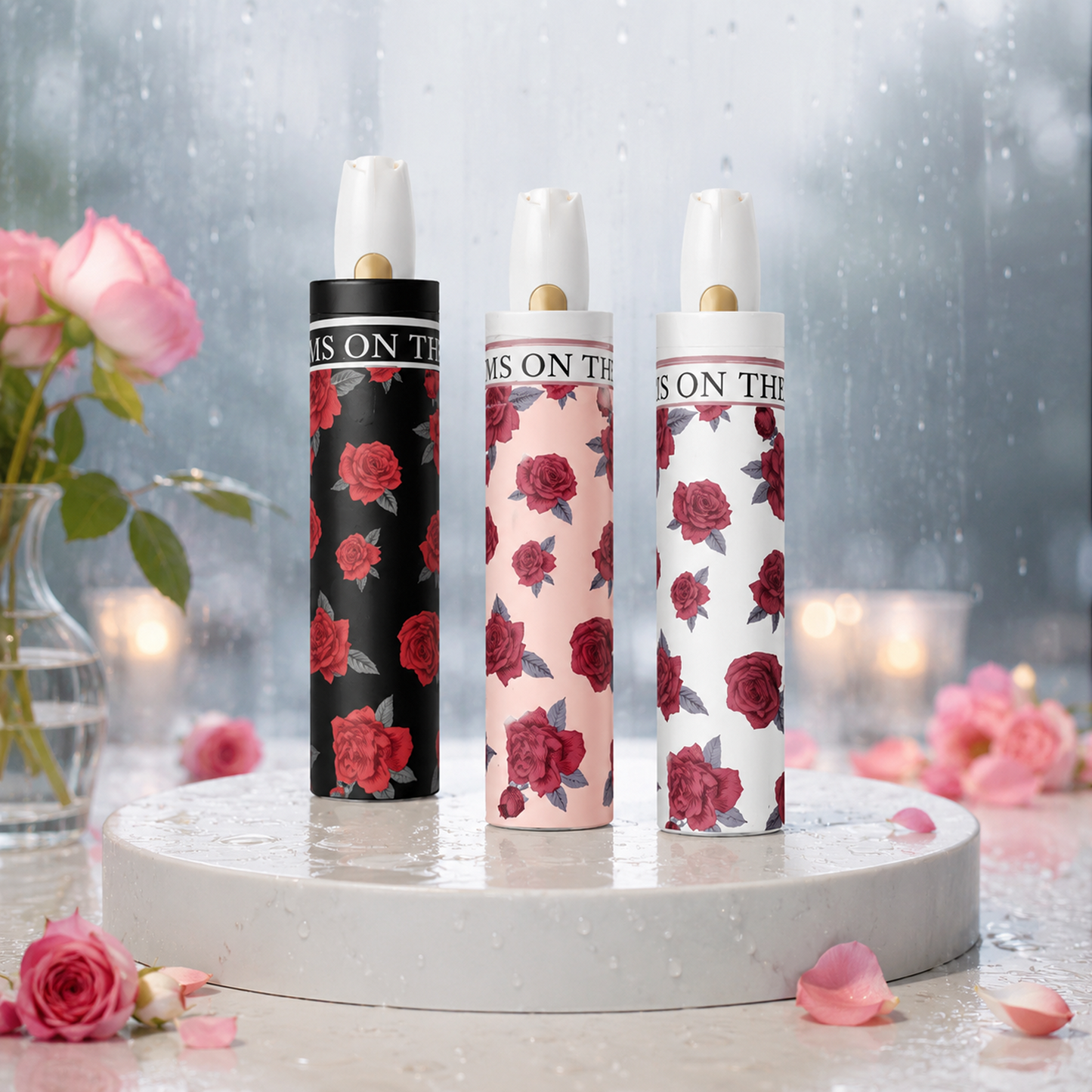 Rose Print UV Protection Folding Umbrella with Lotus Grip