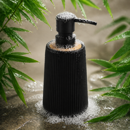 ABS Ribbed Soap Dispenser with Wooden Base 350ml