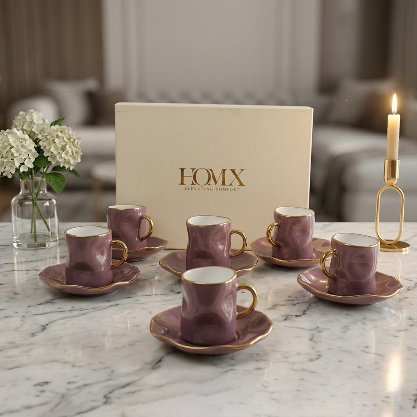 Luxury Gold Rim Ceramic Mug & Saucer Set – Premium Set of 6