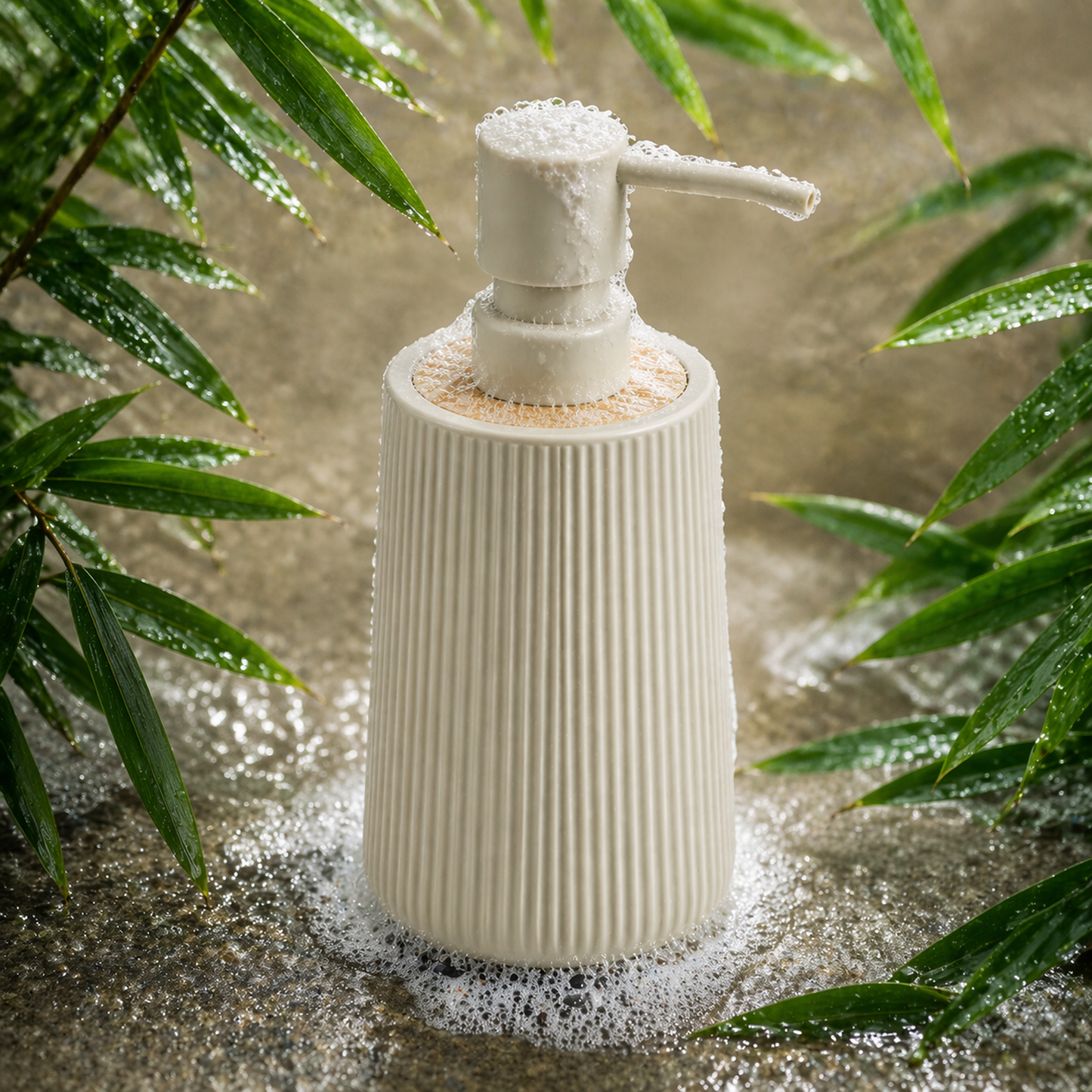 ABS Ribbed Soap Dispenser with Wooden Base 350ml