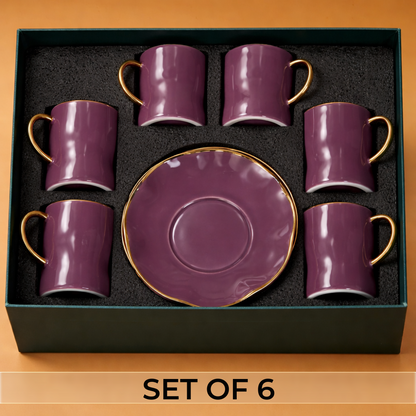 Luxury Gold Rim Ceramic Mug & Saucer Set – Premium Set of 6