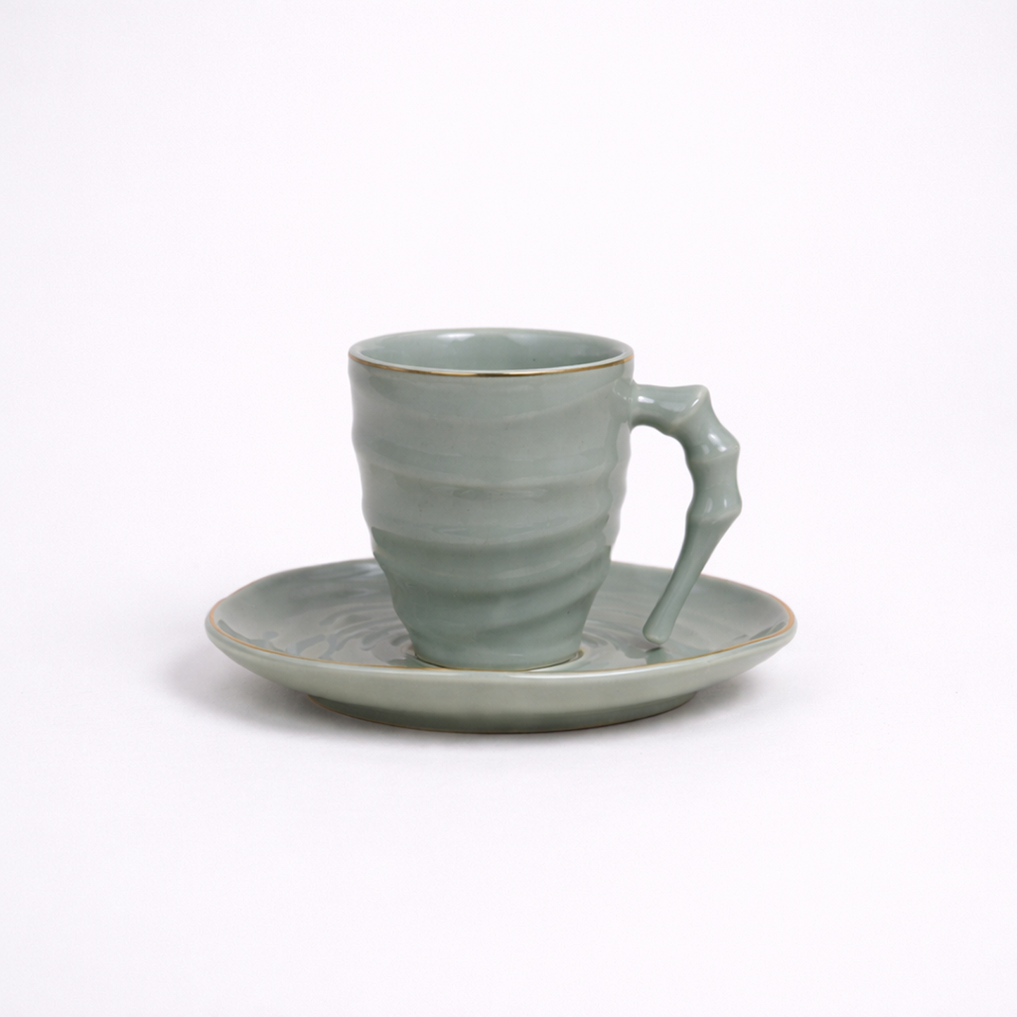 Luxury Sage Green Ceramic Mug & Saucer Set with Gold Rim (6 Pcs)