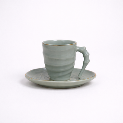 Luxury Sage Green Ceramic Mug & Saucer Set with Gold Rim (6 Pcs)