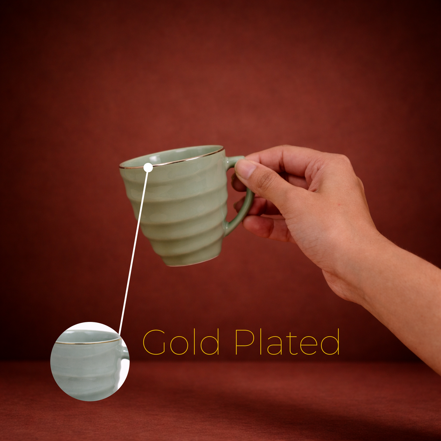 Luxury Sage Green Ceramic Mug & Saucer Set with Gold Rim (6 Pcs)