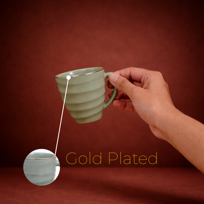 Luxury Sage Green Ceramic Mug & Saucer Set with Gold Rim (6 Pcs)