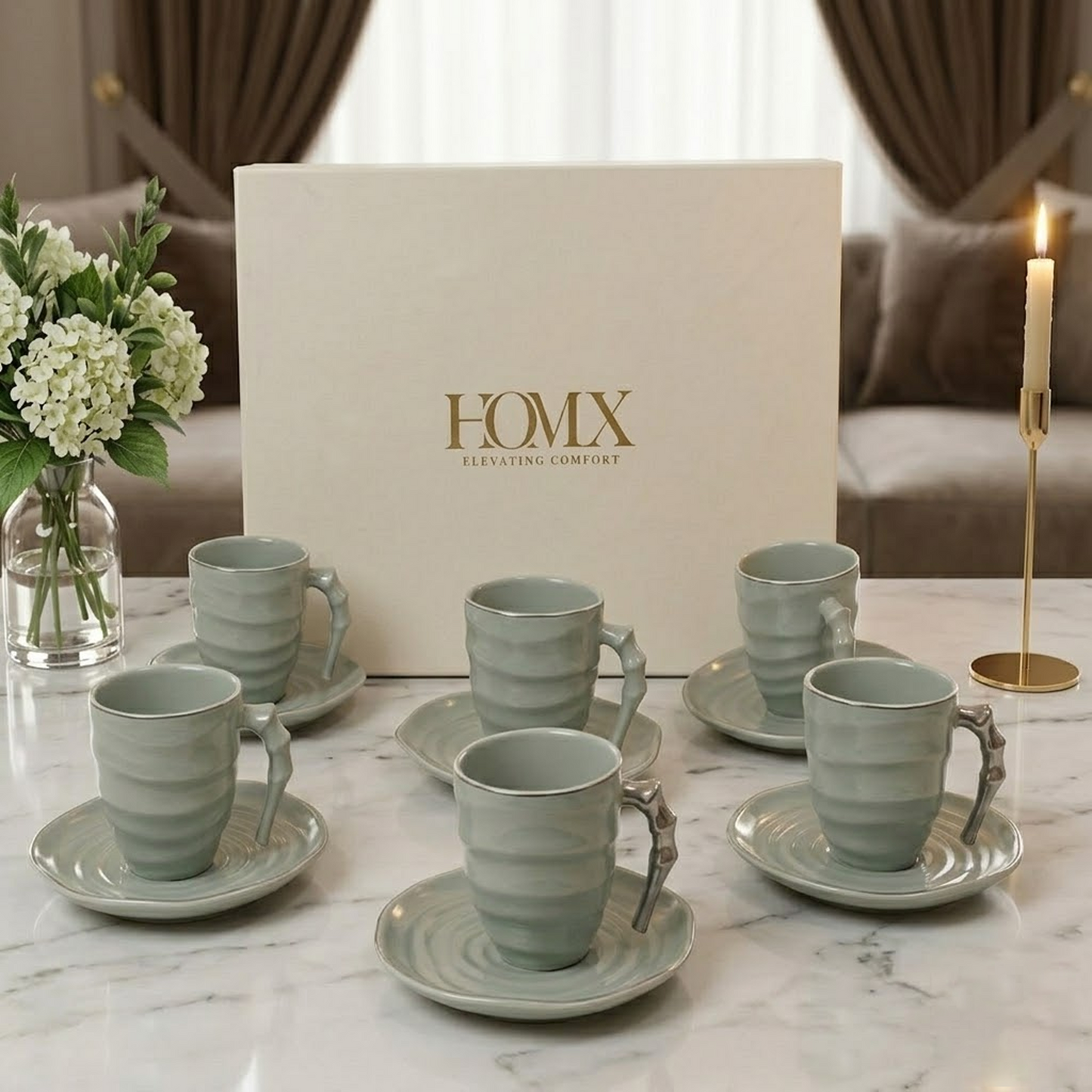 Luxury Sage Green Ceramic Mug & Saucer Set with Gold Rim (6 Pcs)