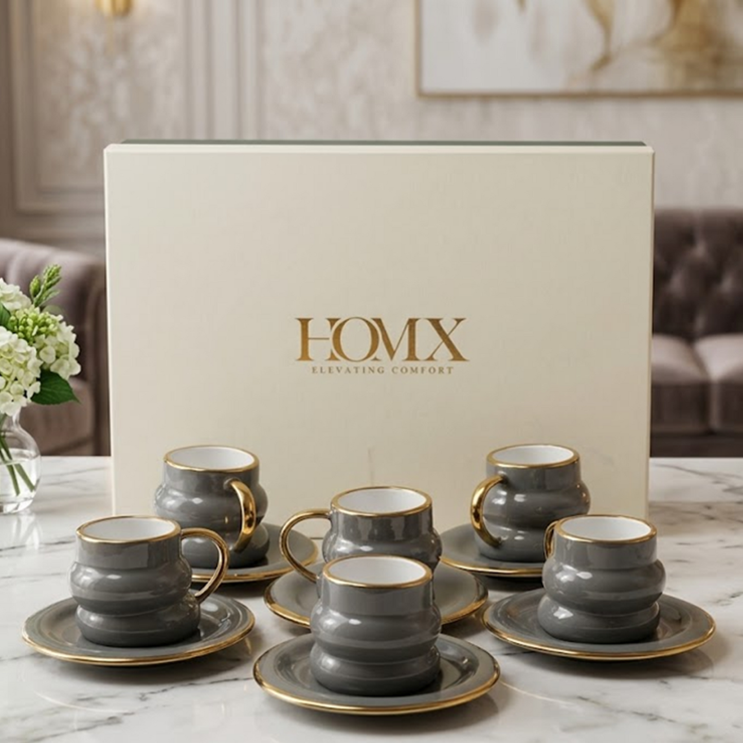 Luxury Smoky Grey Gold Rim Ceramic Mug & Saucer - Set of 6