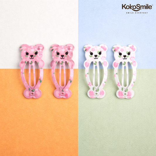 Cute Teddy Bear Floral Snap Hair Clips Set for Girls – 4 Piece Pack