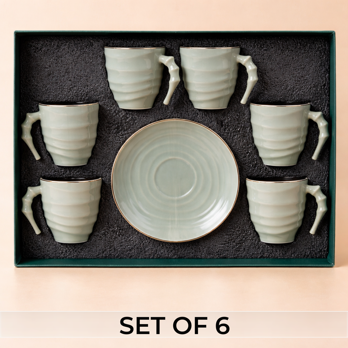 Luxury Sage Green Ceramic Mug & Saucer Set with Gold Rim (6 Pcs)
