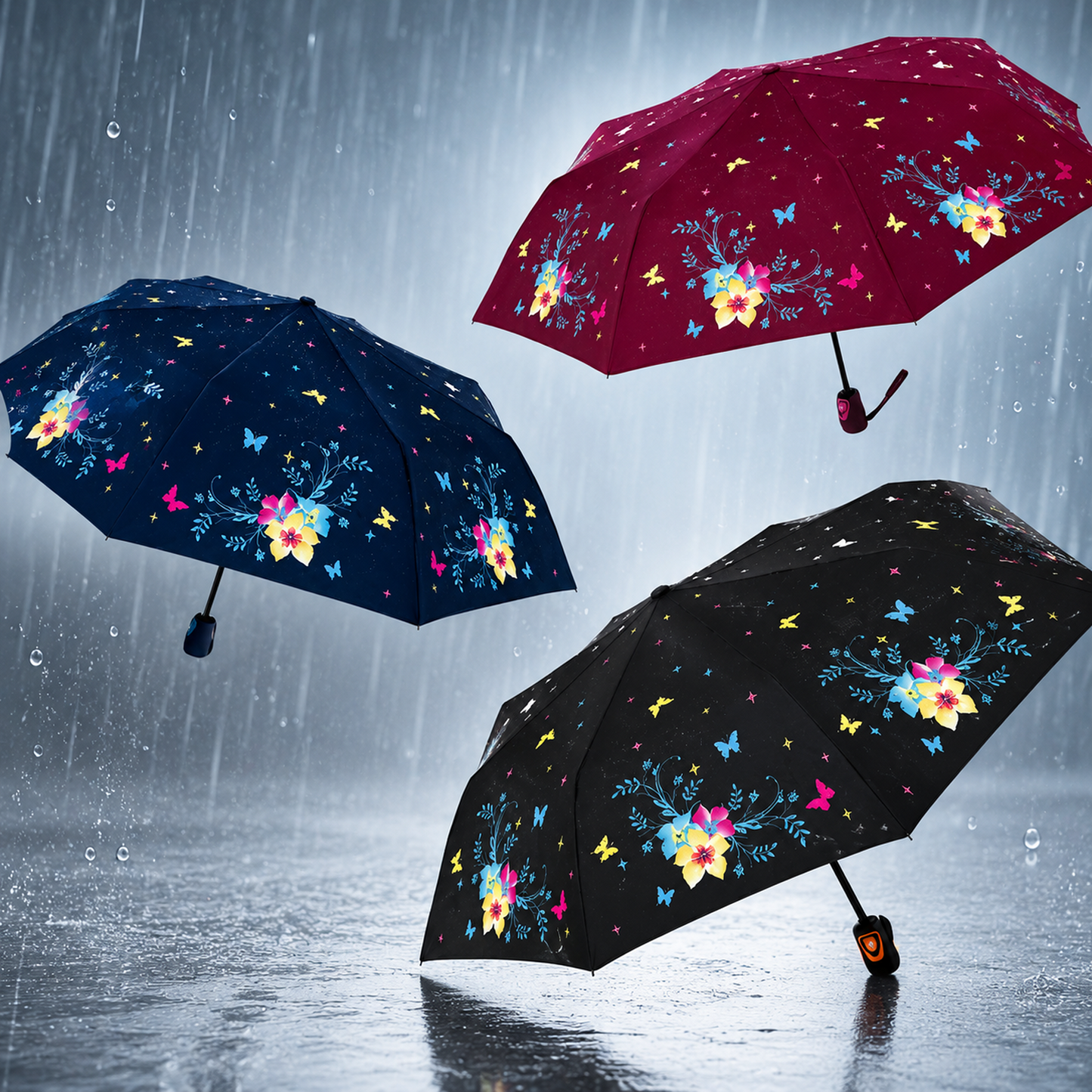 Magic Colour Changing Floral Triple-folding Umbrella with UV Protection