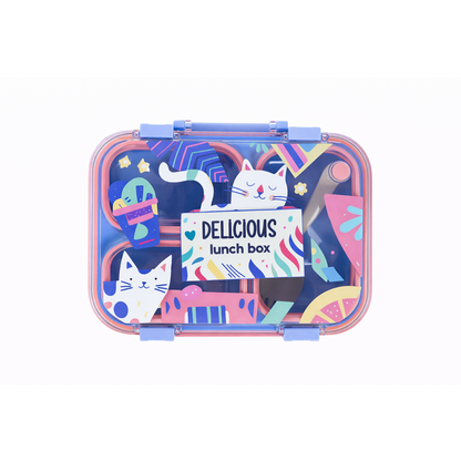 Cat Theme Plastic Bento Lunch Box with 3 compartments for Kids – 800ml