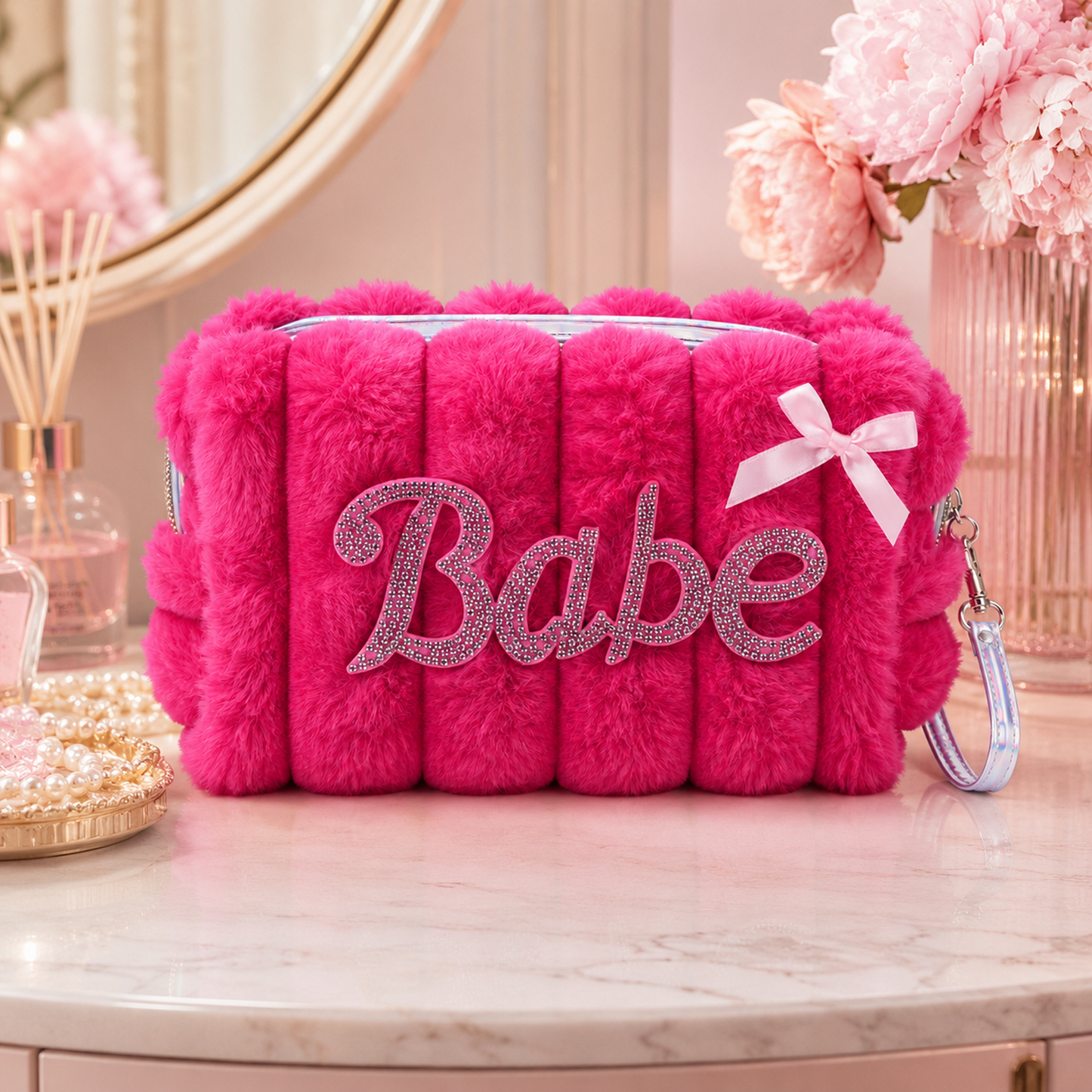 KokoSmile Plush Glam Makeup Bag – Faux Fur Beauty Organizer